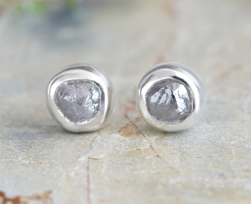 Rough Diamond Stud Earrings, Natural Silver Grey Diamond Studs, 0.9ct Diamond Ear Posts