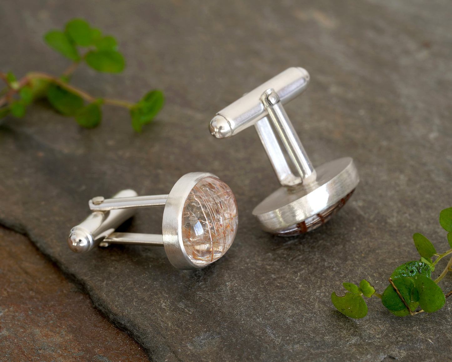Oval Rutilated Quartz Cufflinks in Solid Sterling Silver