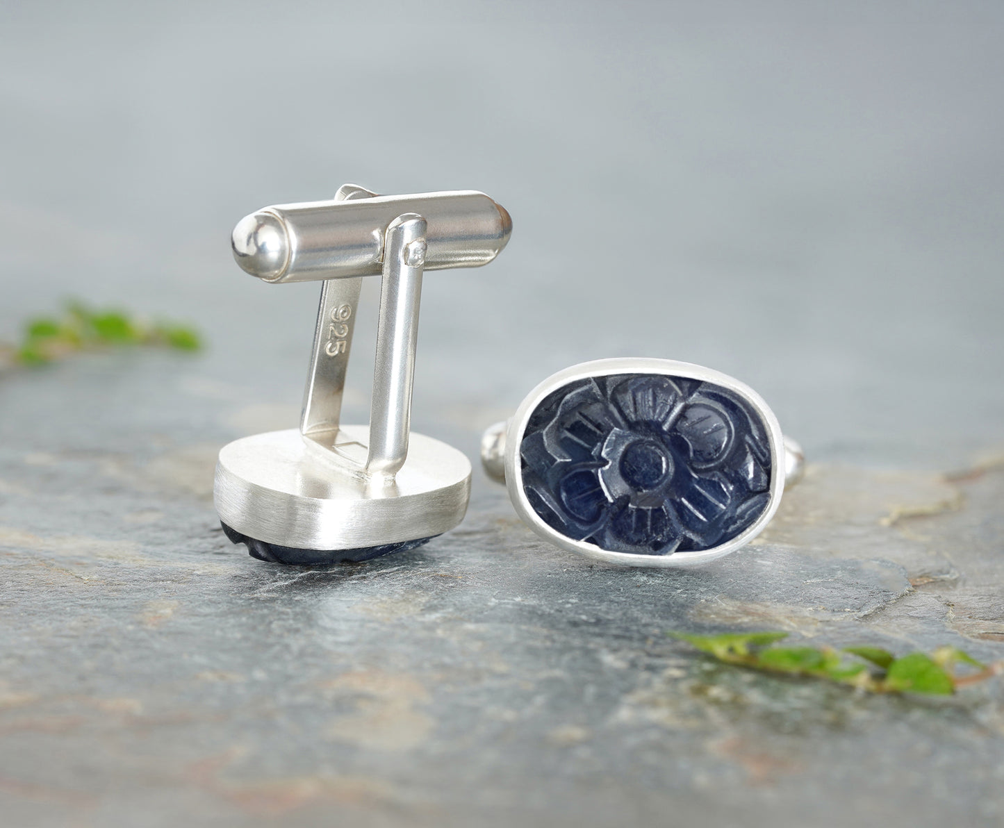 16ct Hand Carved Sapphire Cufflinks in Sterling Silver