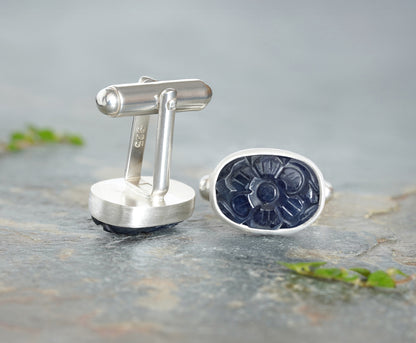16ct Hand Carved Sapphire Cufflinks in Sterling Silver