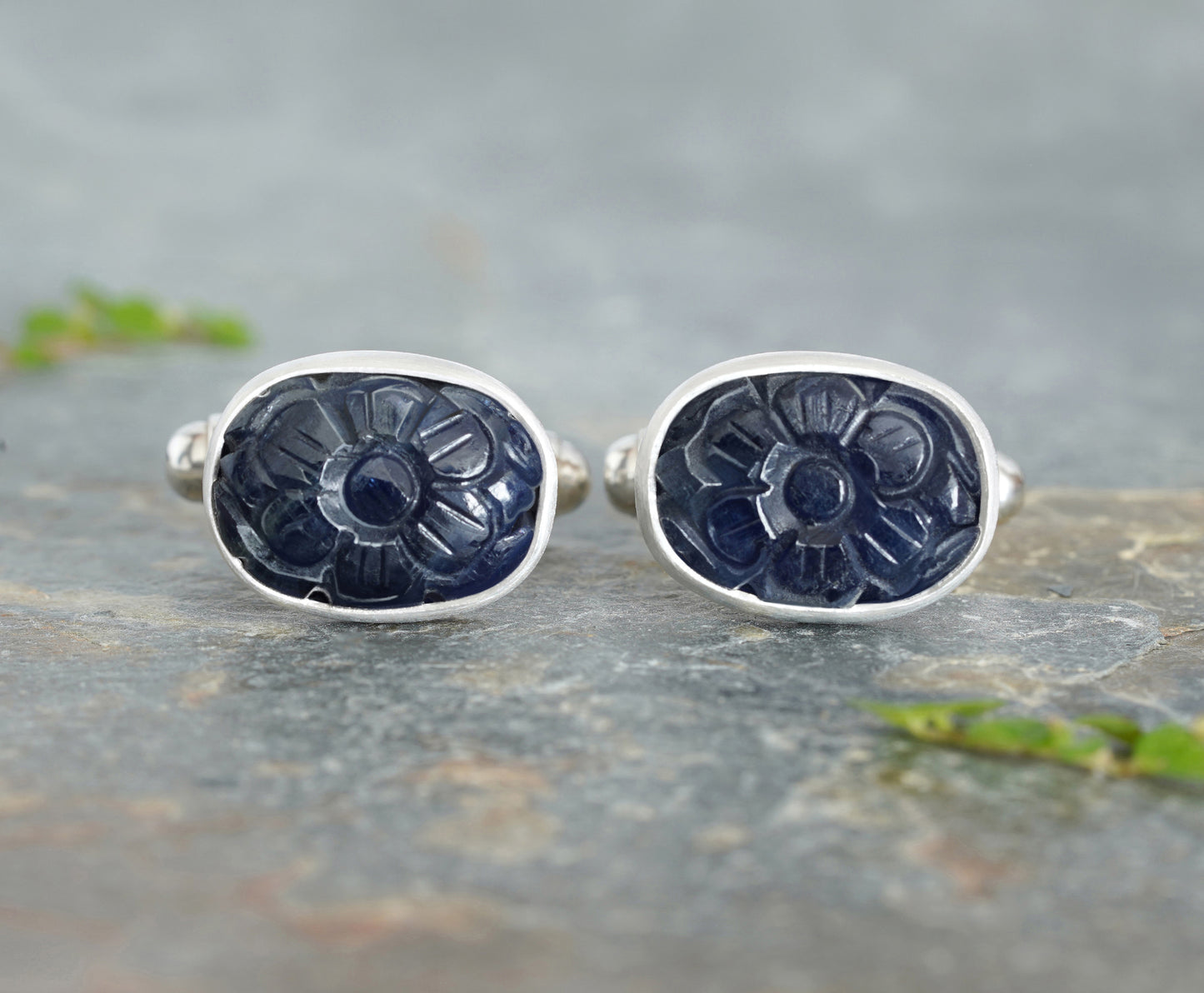 16ct Hand Carved Sapphire Cufflinks in Sterling Silver