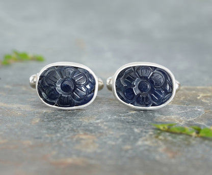 16ct Hand Carved Sapphire Cufflinks in Sterling Silver