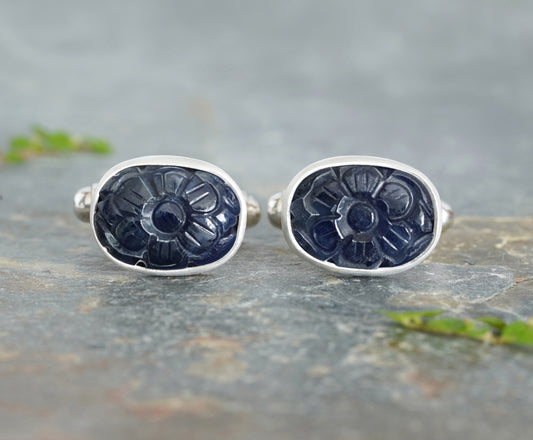 16ct Hand Carved Sapphire Cufflinks in Sterling Silver