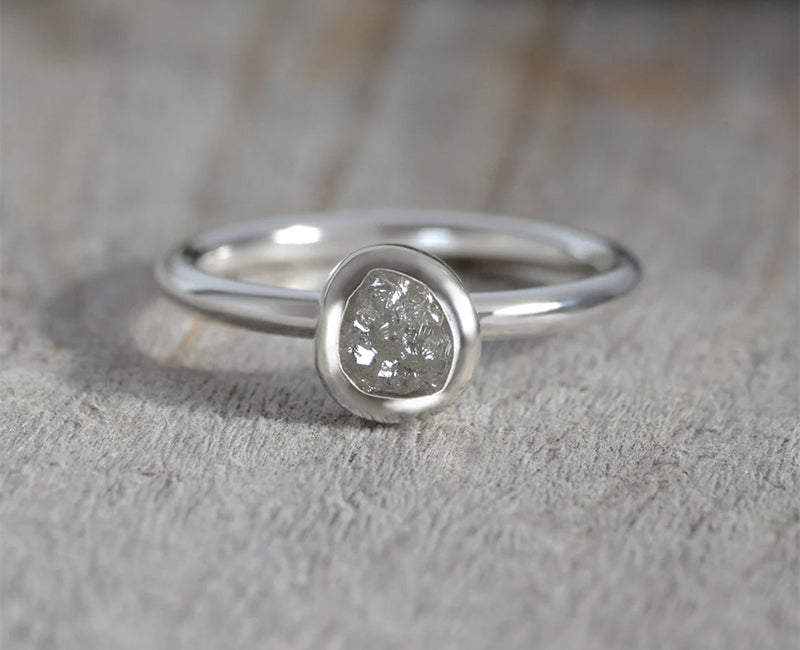 Silver Grey Diamond Engagement Ring, 0.8ct Rough Diamond Ring