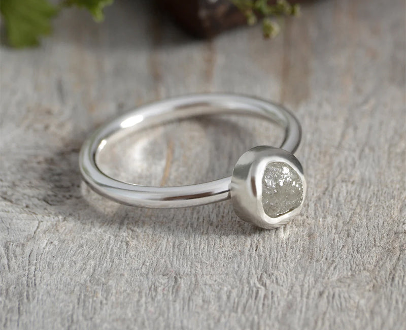 Silver Grey Diamond Engagement Ring, 0.8ct Rough Diamond Ring