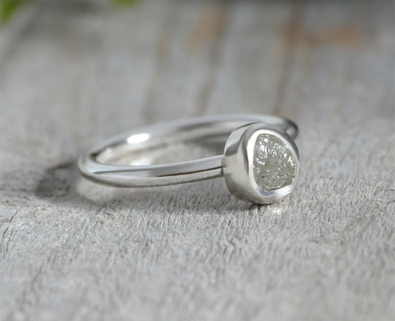 Silver Grey Diamond Engagement Ring, 0.8ct Rough Diamond Ring