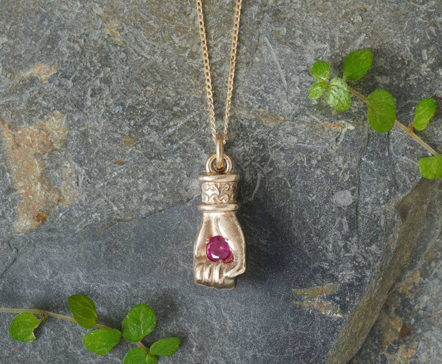 Solid Yellow Gold or Solid Sterling Silver Hand Pendant with Ruby