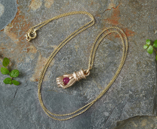 Solid Yellow Gold or Solid Sterling Silver Hand Pendant with Ruby