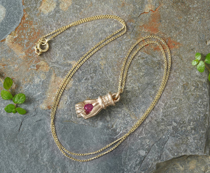 Hand Pendant with Natural Ruby in Solid Yellow Gold