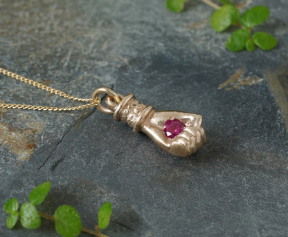 Solid Yellow Gold or Solid Sterling Silver Hand Pendant with Ruby