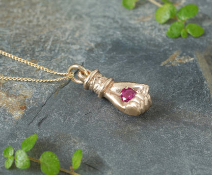 Hand Pendant with Natural Ruby in Solid Yellow Gold