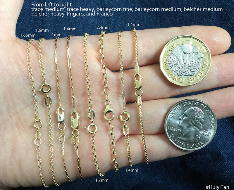 Solid 9k Yellow Gold Chain, Trace, Barleycorn, Belcher, Figaro and Franco