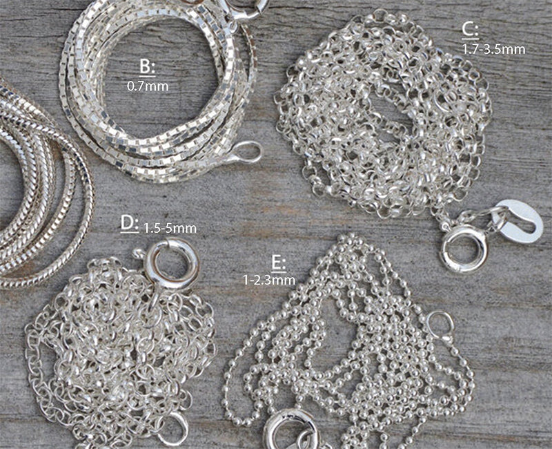Solid Sterling Silver Chain; Snake, Box, Belcher, Diamond Cut Belcher, and Ball