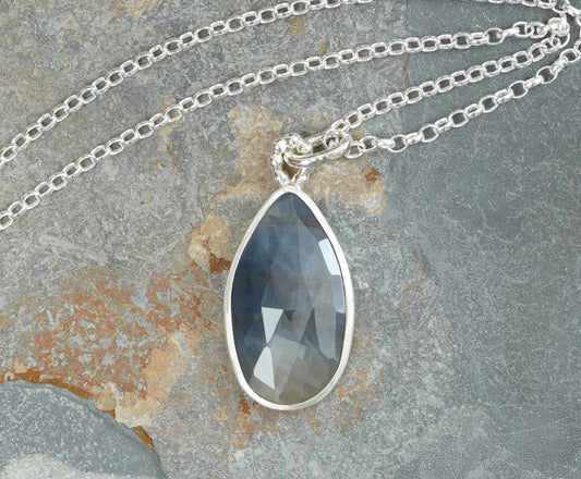 Teardrop Sapphire Necklace in Sterling Silver, 5.45ct Blue Sapphire Necklace
