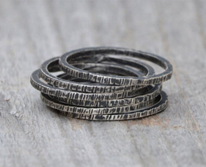Textured Black or Bright Silver Rings, Stackable Silver Ring