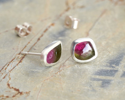 Watermelon Tourmaline Stud Earrings in Sterling Silver