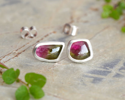 Watermelon Tourmaline Stud Earrings in Sterling Silver