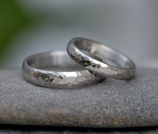 A Set of Platinum Wedding Band With Hammered Effect, Made To Order