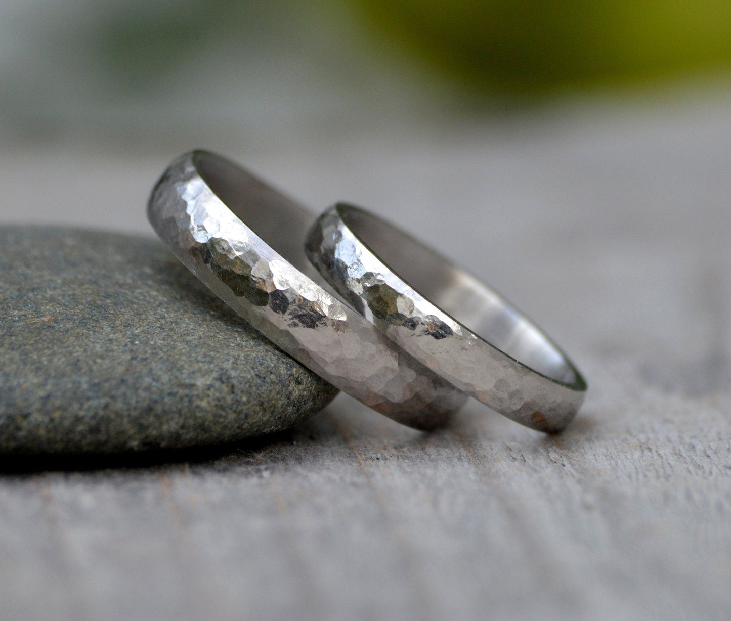 A Set of Platinum Wedding Band With Hammered Effect, Made To Order