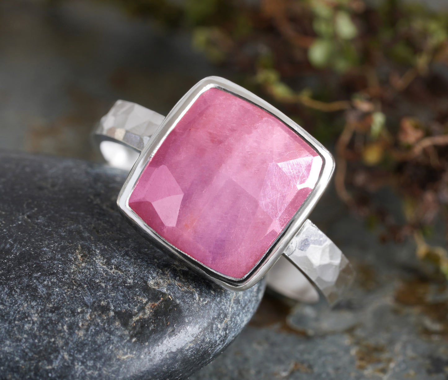 Square Pink Sapphire Ring with an Open Back