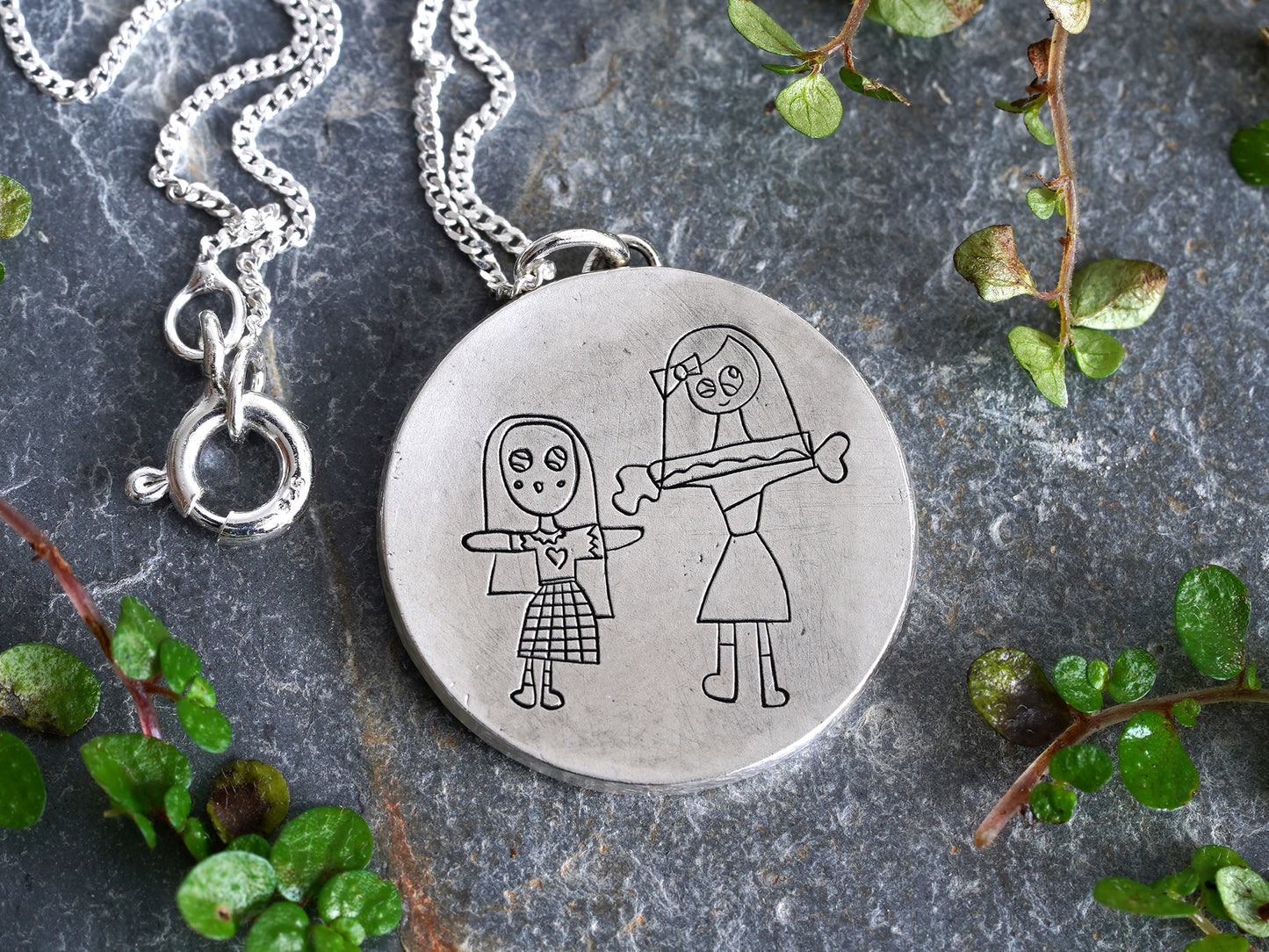 Silver Necklace with Hand Engraved Children's Drawing