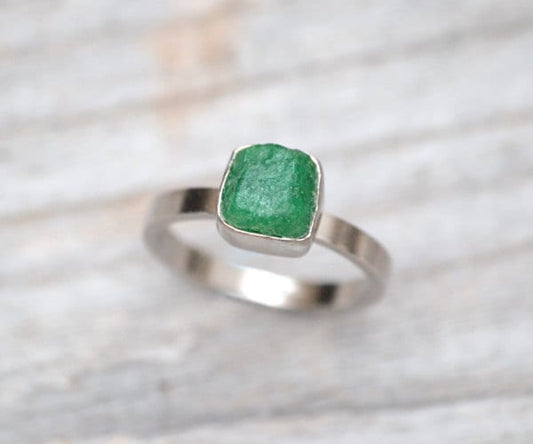 Raw Emerald Ring in 18ct White Gold, May Birthstone Ring, Made To Order