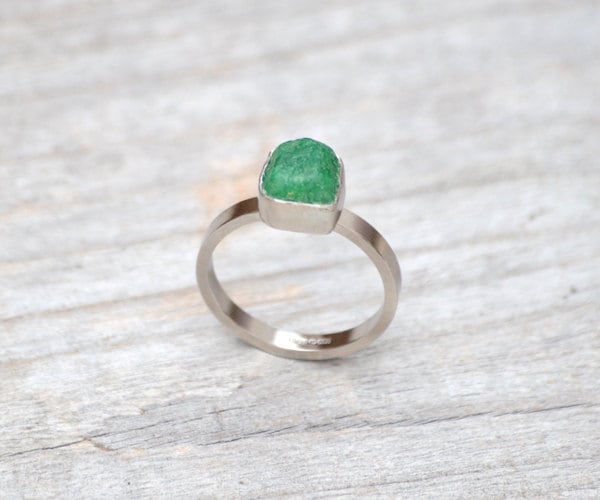 Raw Emerald Ring in 18ct White Gold, May Birthstone Ring, Made To Order