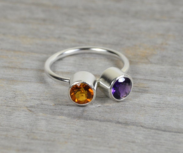 Duo Birthstone Ring, Amethyst and Citrine Ring in Sterling Silver, UK size J 1/2 (US size 5)