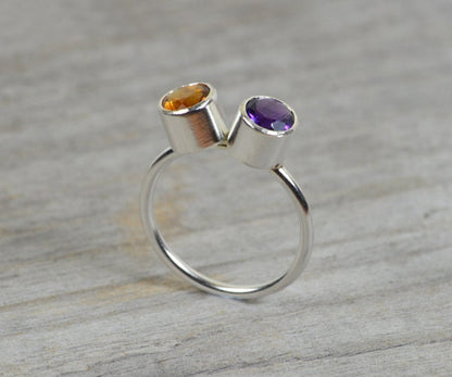 Duo Birthstone Ring, Amethyst and Citrine Ring in Sterling Silver, UK size J 1/2 (US size 5)