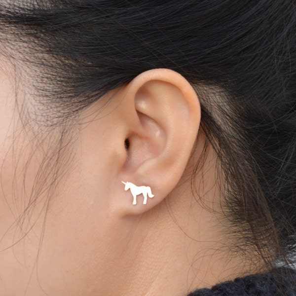 Unicorn Stud Earrings in Silver, Silver Unicorn Ear Studs