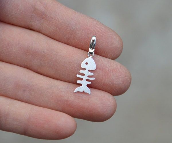 Fish Bone Charm in Sterling Silver, Silver Fishbone Charm