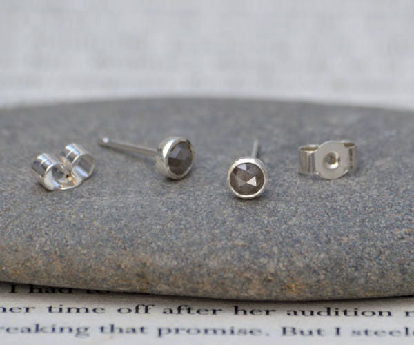 Olive Colour Diamond Ear Posts, Rose Cut Diamond Stud Earrings, Total 0.35ct Diamonds