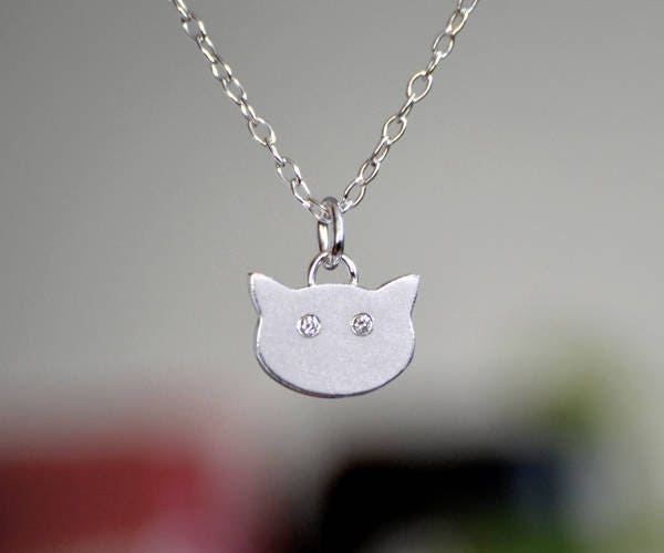 Cat Necklace with Diamond Eyes, Silver Cat Necklace with Diamond Eyes