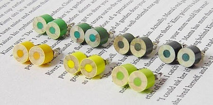 Colour Pencil Stud Earrings, Yellow Pencil Ear Posts, Green Pencil Stud Earrings, Wooden Pencil Ear Studs