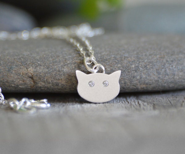 Cat Necklace with Diamond Eyes, Silver Cat Necklace with Diamond Eyes