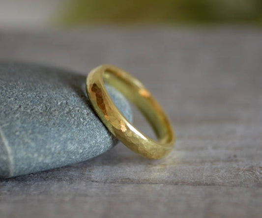 Rustic Wedding Band in 18ct Yellow Gold,  Hammered Effect Wedding Ring, 18ct Yellow Gold Wedding Band, Unisex Wedding Band