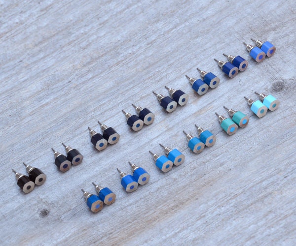 Blue Colour Pencil Stud Earrings, Blue Ear Posts, Wooden Pencil Earrings, Hexagon Pencil Earrings