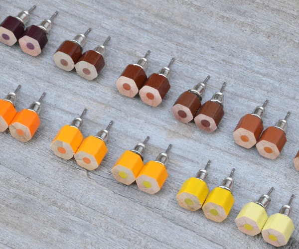 Autumn Colour Pencil Stud Earrings, Yellow Colour Pencil Ear Studs, Orange Stud Earrings, Brown Pencil Stud Earrings