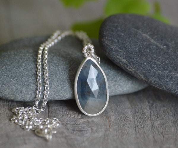 Teardrop Sapphire Necklace in Sterling Silver, 5.45ct Blue Sapphire Necklace