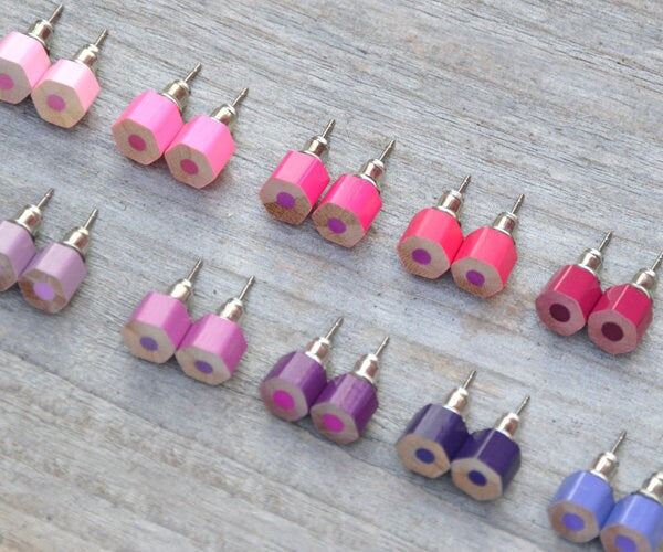 Colour Pencil Stud Earrings, Pink Stud Earrings, Purple Stud Earrings, Hexagon Pencil Ear Post