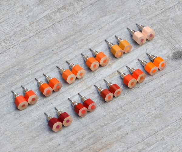 Colour Pencil Stud Earrings, Orange Stud Earrings, Hexagon Pencil Ear Post, Wooden Ear Posts