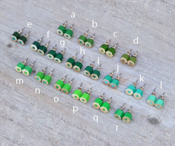 Green Colour Pencil Stud Earrings, Green Stud Earrings, Hexagon Pencil Ear Posts