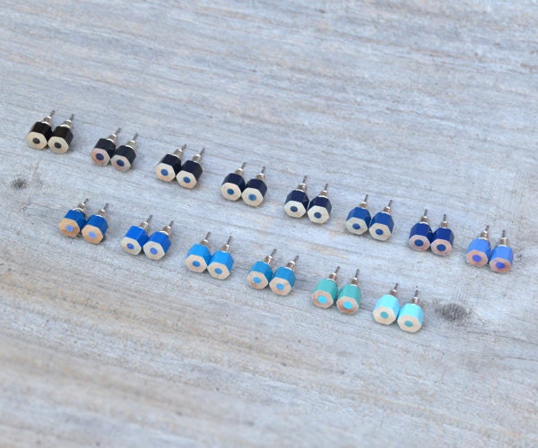 Blue Colour Pencil Stud Earrings, Blue Ear Posts, Wooden Pencil Earrings, Hexagon Pencil Earrings