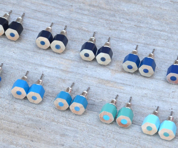 Blue Colour Pencil Stud Earrings, Blue Ear Posts, Wooden Pencil Earrings, Hexagon Pencil Earrings