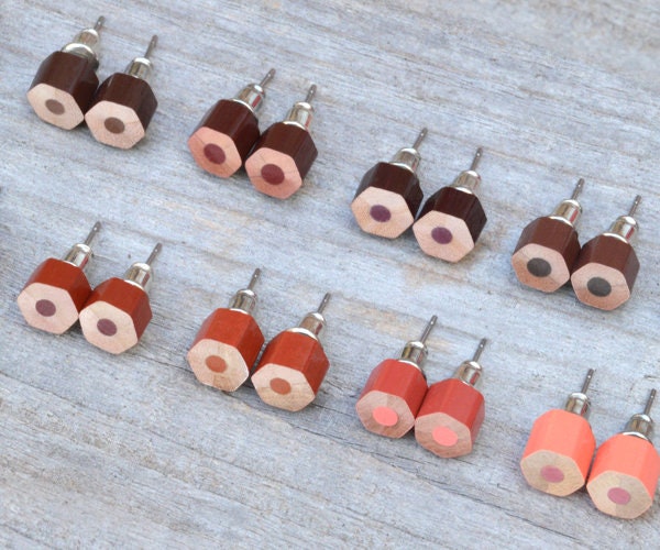 Brown Colour Pencil Stud Earrings, Brown Ear posts, Wooden Pencil Ear Studs