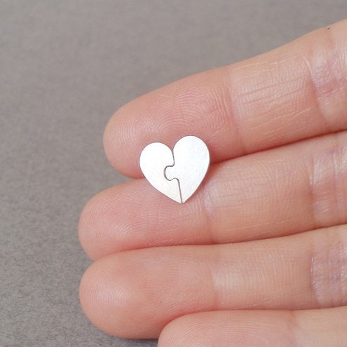Puzzle Heart Shape Ear Posts in Sterling Silver, Silver Jigsaw Puzzle Stud Earrings