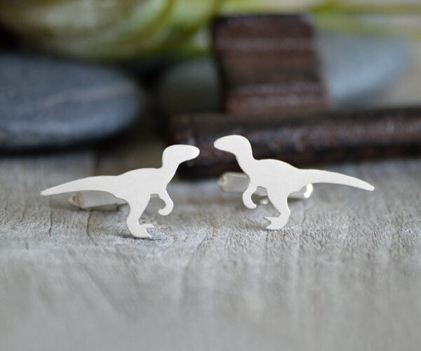 Velociraptor Cufflinks in Sterling Silver, Personalized Dinosaur Cufflinks