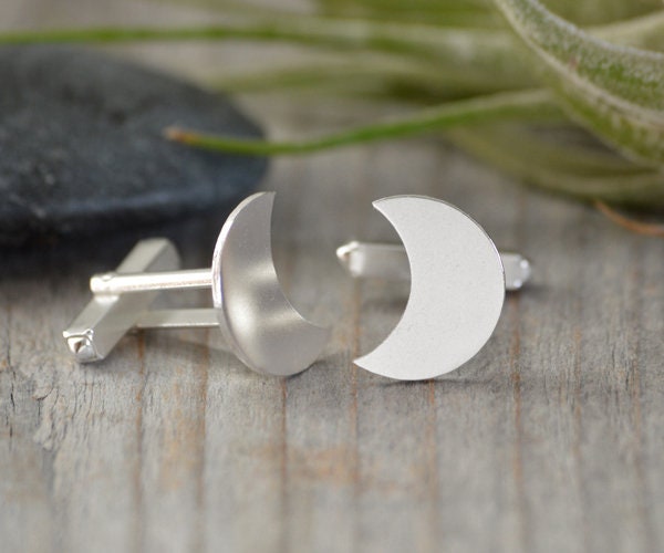 Moon Shape Cufflinks in Sterling Silver, Personalized Moon Shape Cufflink