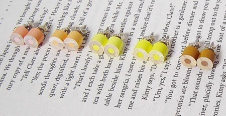 Colour Pencil Stud Earrings, Yellow Stud Earrings, Brown Stud Earrings, Wooden Pencil Ear Posts