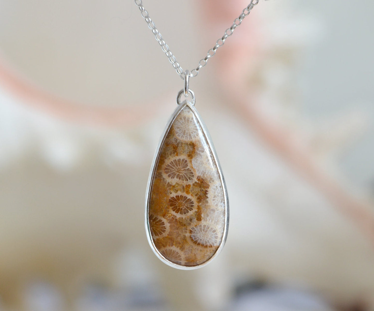 Teardrop Fossilized Coral Necklace, Fossil Coral Necklace, Golden Fossil Coral Necklace